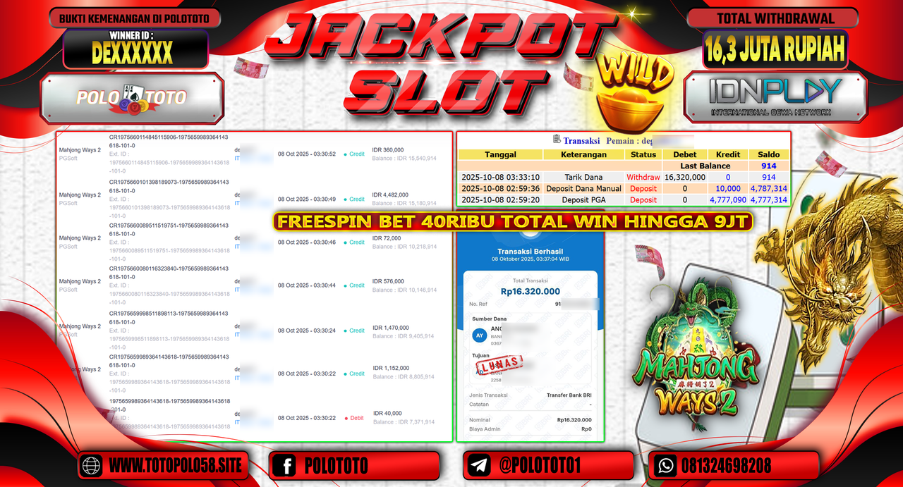 POLOTOTO JACKPOT SLOT MAHJONG WAYS 2 Rp.16.300.000,- LUNAS