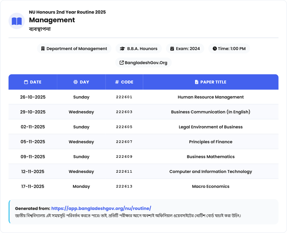Management (ব্যবস্থাপনা) Routine - Honours 2nd Year Exam 2025