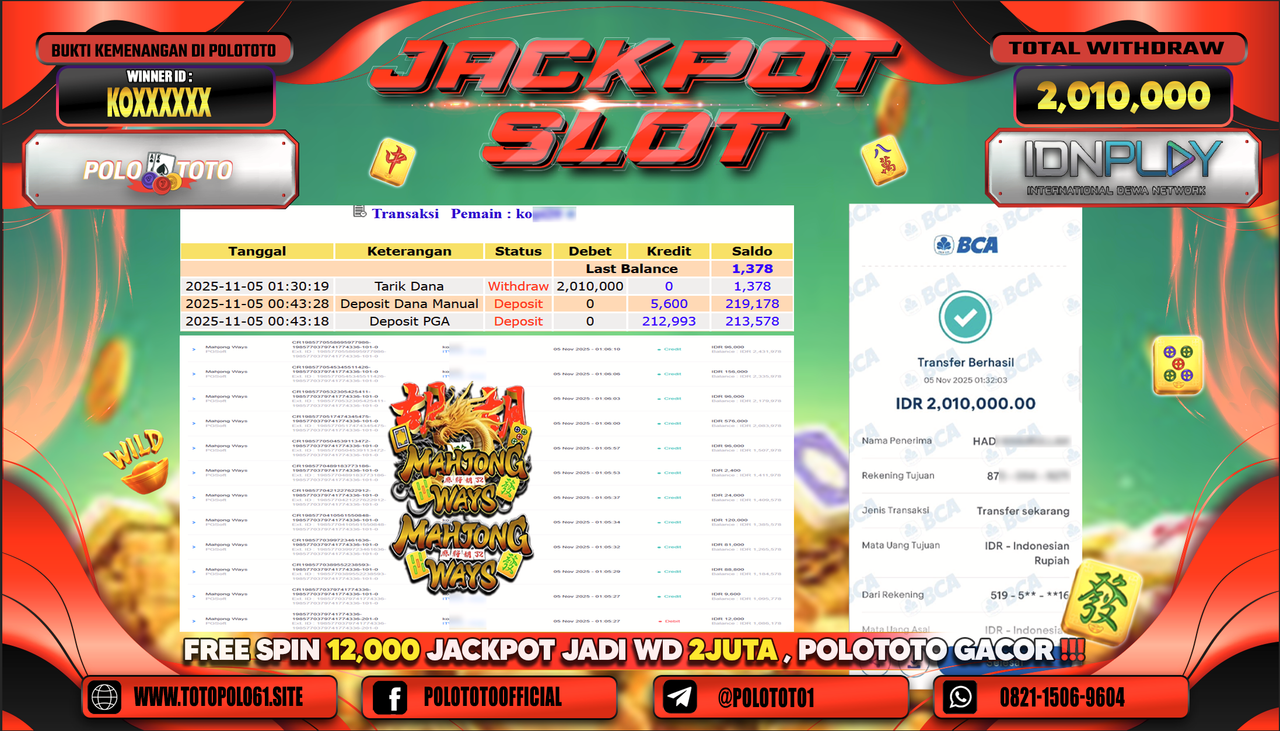 POLOTOTO JACKPOT SLOT MAHJONG WAYS Rp.2.010.000,- LUNAS