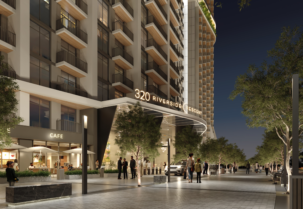 320 Riverside Crescent Distress Deal waterfront tower in Sobha Hartland II Dubai, luxury Sobha architectural exterior overlooking lagoon and community with modern glass high-rise design and premium waterfront lifestyle setting
