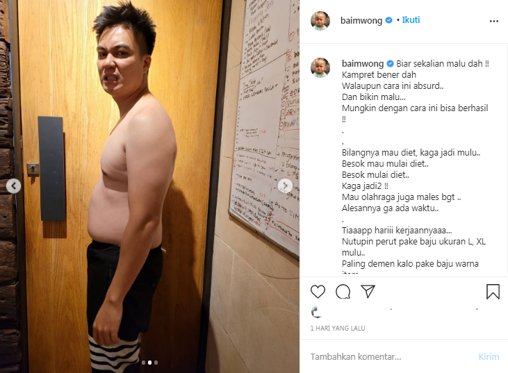 Baim Wong memamerkan foto dirinya tanpa pakaian agar konsisten menjalani diet