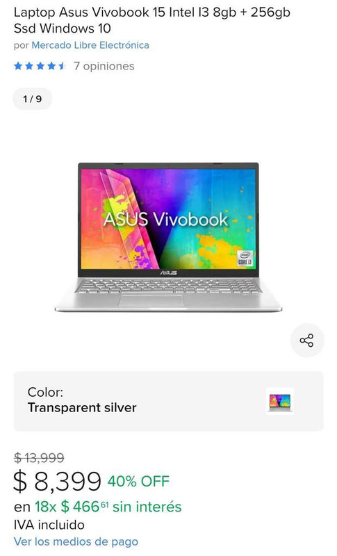 Mercado Libre: Laptop asus vivobook 15 i3 10th 8gb ram 256 ssd 
