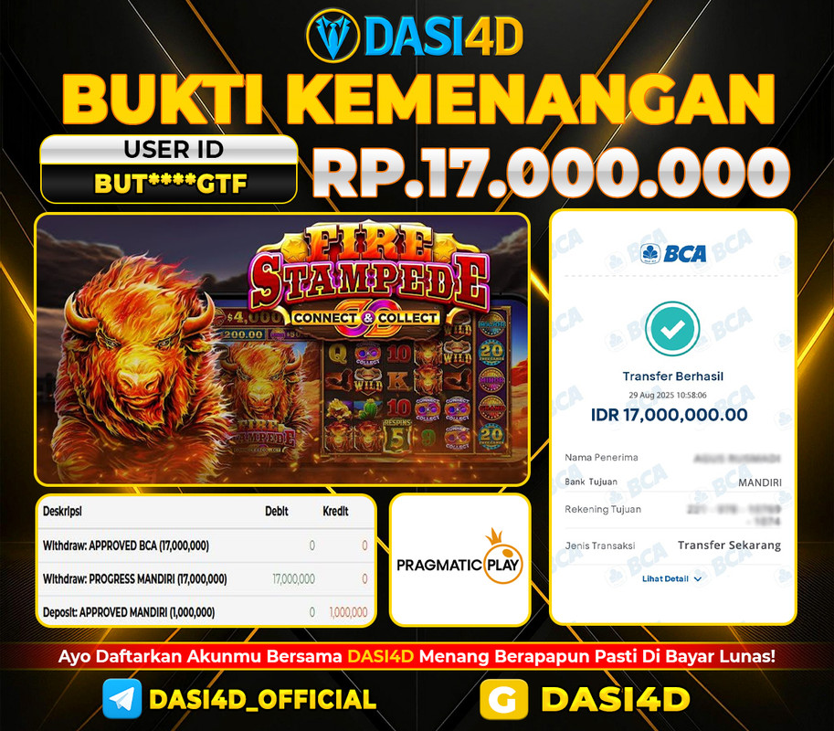 BUKTI KEMENANGAN 29 AGUSTUS 2025 DI  FIRE STAMPEDE WD RP. 17.000.000