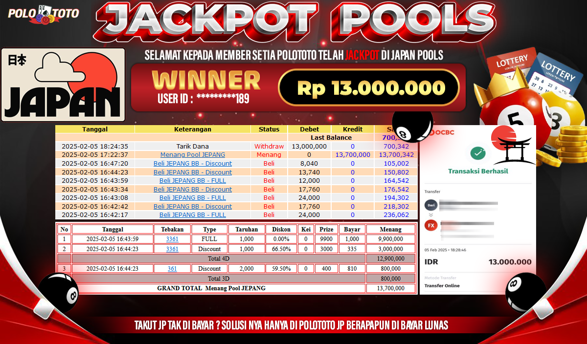 POLOTOTO JACKPOT TOGEL JAPAN POOLS Rp.13,000.000,-