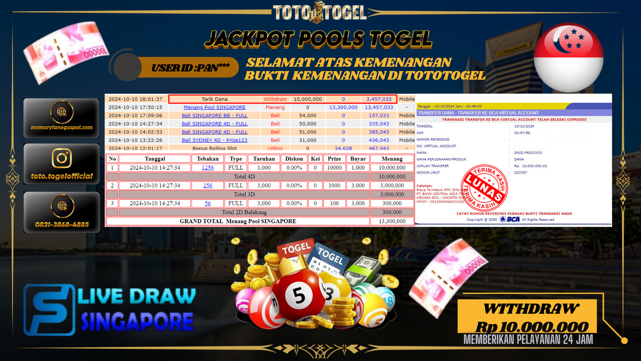 Bukti Kemenangan Permainan Pools Togel Singapore ID : PAN** Terbayar Lunas!!