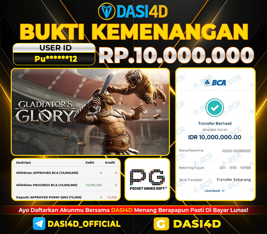 BUKTI KEMENANGAN 05 JULI 2025 DI GALDIATORS GLORY WD 10.000.000 JUTA