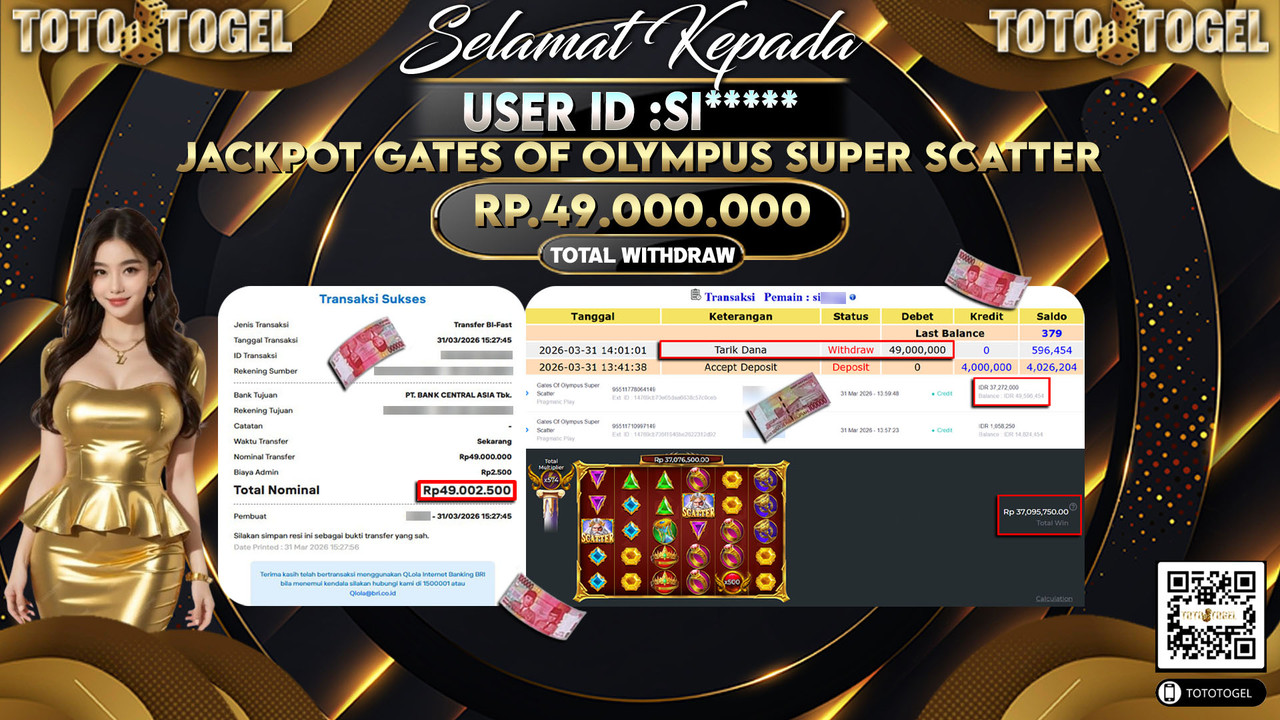 Bukti Pembayaran Jackpot Permainan Slot Gates Of Olympus Super Scatter ID:SI*****LUNAS