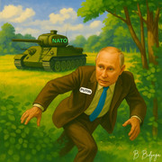 Putin, crouching, runs away from a NATO tank.