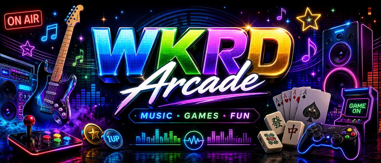 WKRD Arcade neon music and games header