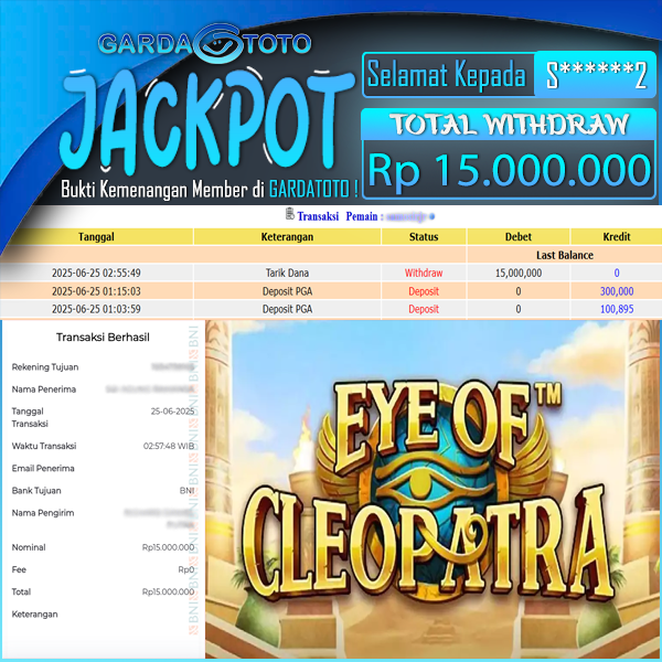 JACKPOT SLOT MAIN DI SLOT EYE OF CLEOPATRA WD Rp 15.000.000,- DIBAYAR LUNAS GARDATOTO MANTAP