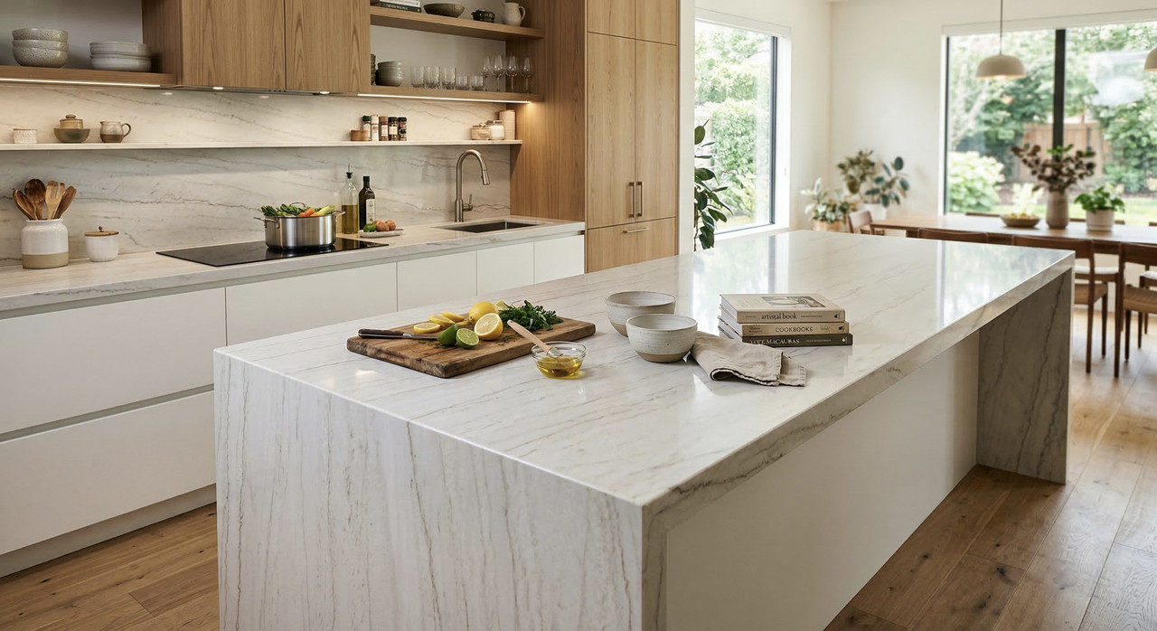 Cozinha moderna com bancada e piso em pedra natural quartzito
