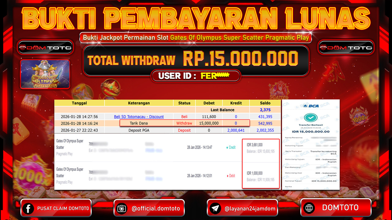 JACKPOT SLOT Gates Of Olympus Super Scatter Pragmatic Play 28 JANUARI 2026