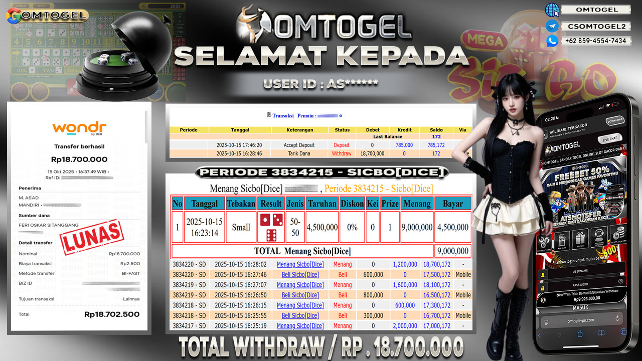 OMTOGEL JACKPOT LIVE GAMES SICBO DICE 18 JUTA DI BAYAR LUNAS ,-