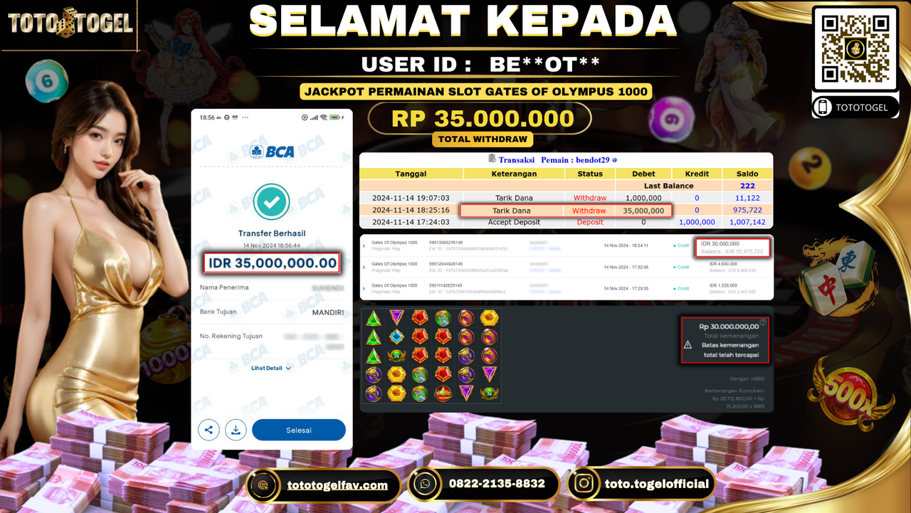 Bukti Pembayaran Jackpot Permainan Slot Gates Of Olympus 1000 ID: BE**OT** LUNAS 