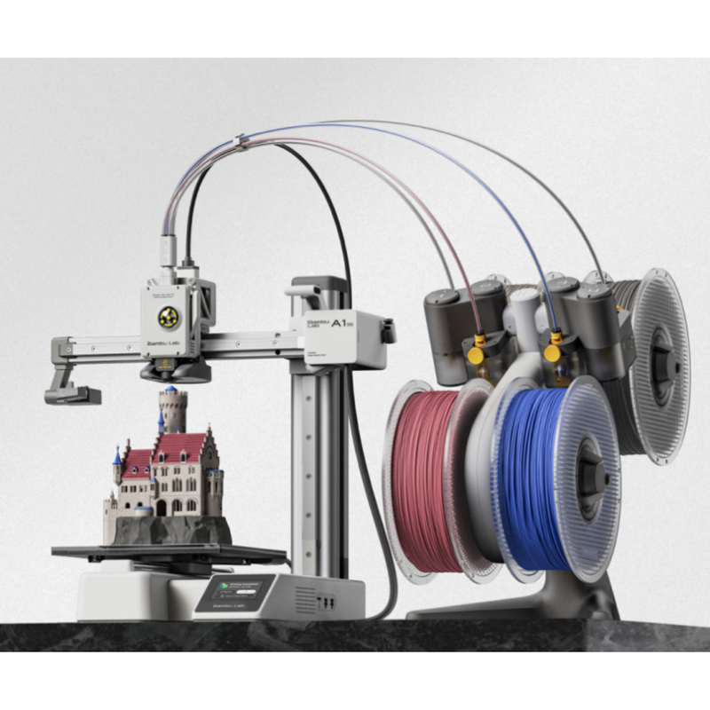 A1 Mini ao lado do sistema opcional AMS Lite de 4 cores