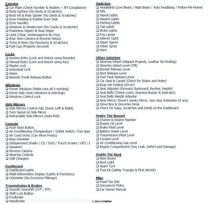 New Car collection check list