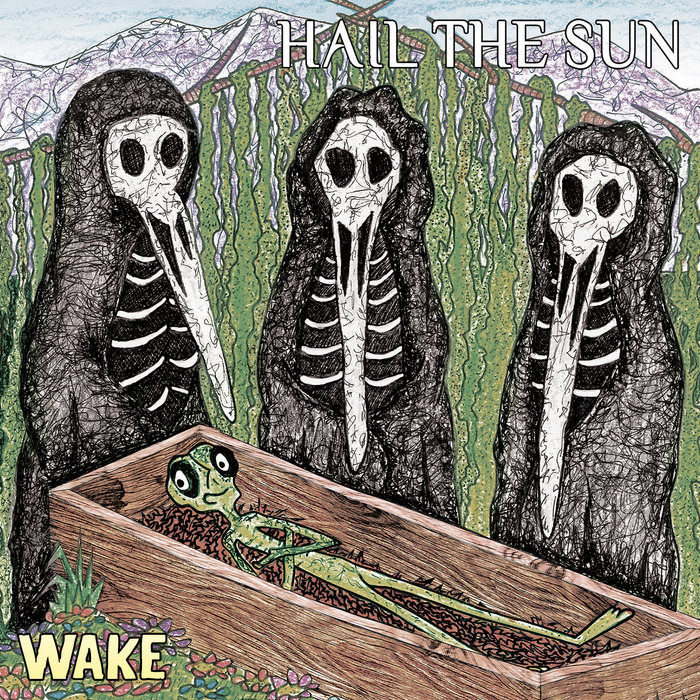 three interesting skeleton bird creatures wearing robes gather round a coffin with a live grasshopper/alien guy laying down happily