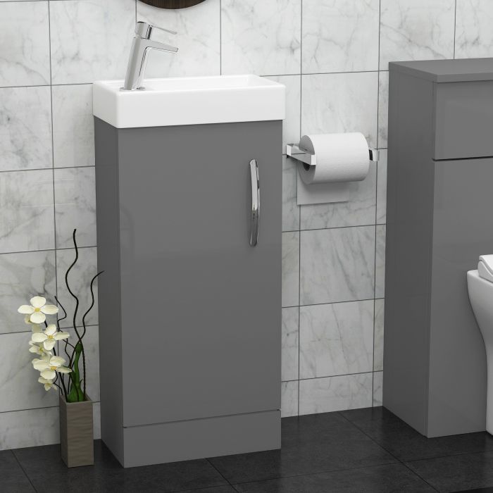 Cloakroom Suite Indigo Grey Gloss 400mm 1 Door Vanity Unit And BTW WC Unit With Qubix Pan Royal Bath