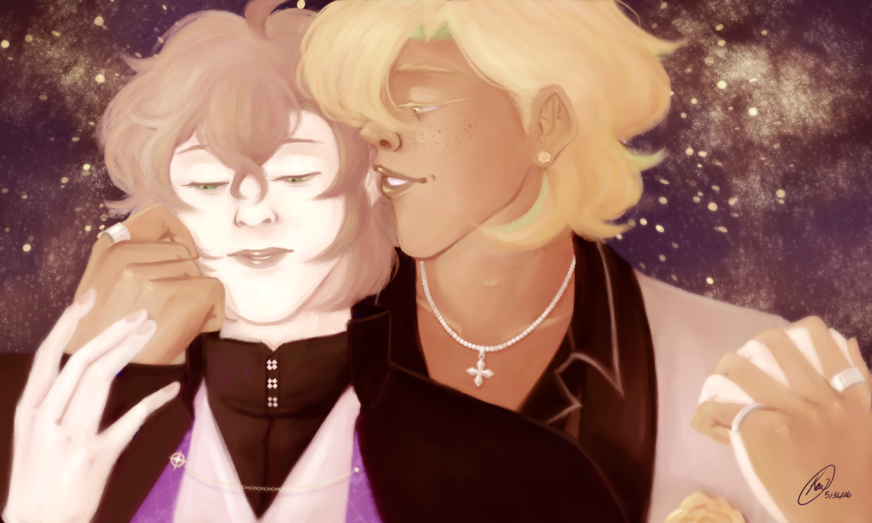 An illustration of Izanami Hifumi/Yumeno Gentaro (Hypnosis Mic). Hifumi holds Gentaro close to him, whispering into his ear and caressing his face. Gentaro doesn't look at him, though he is cognizant of their closeness. He almost seems to reach for the hand that's caressing him. Hifumi's other hand clasps Gentaro's. The background is swirling stars.