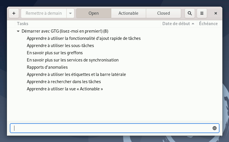 L’écran d’accueil de GTG 0.4
