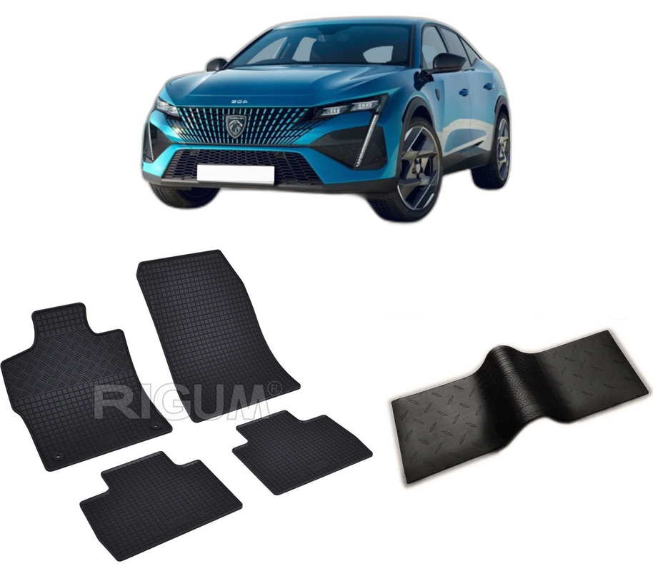 Set covorase auto PEUGEOT 408 din 10.2022-PREZENT, cu covoras tunel median, CAROSERIE SUV, Presuri cauciuc 100%, compatibil cu autoturismul PEUGEOT 408, Rigum