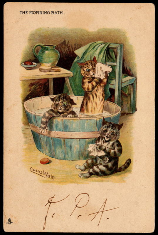 Louis_Wain_-_The_morning_bath_Animaux_en_posture_detre_humain_Chats_prenant_leur_bain_dans_un_-_(Mei