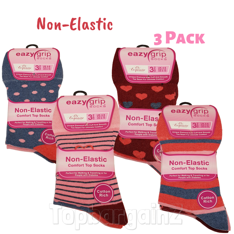3 PAIRS NON ELASTIC DIABETIC LADIES EASY GRIP LOOSE SOFT TOP HEART DESIGN SOCKS
