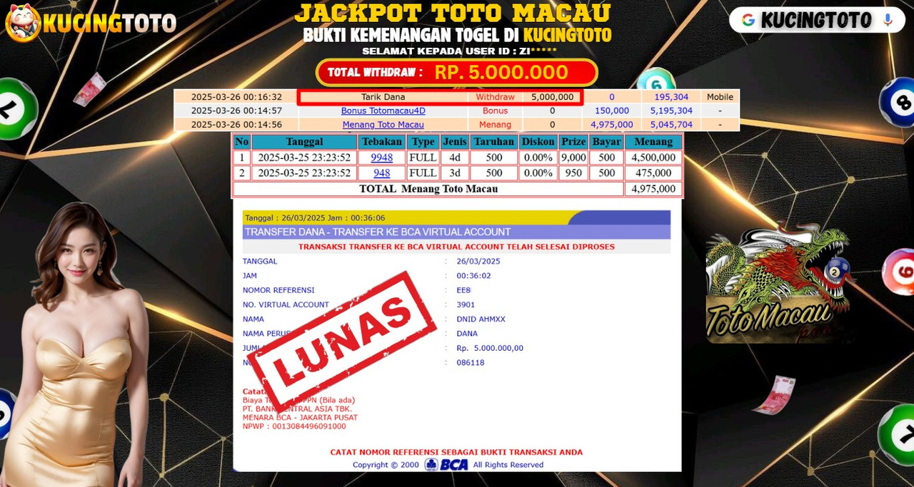 KUCINGTOTO JACKPOT TOGEL TOTO MACAU RP.5.000.000.,- LUNAS