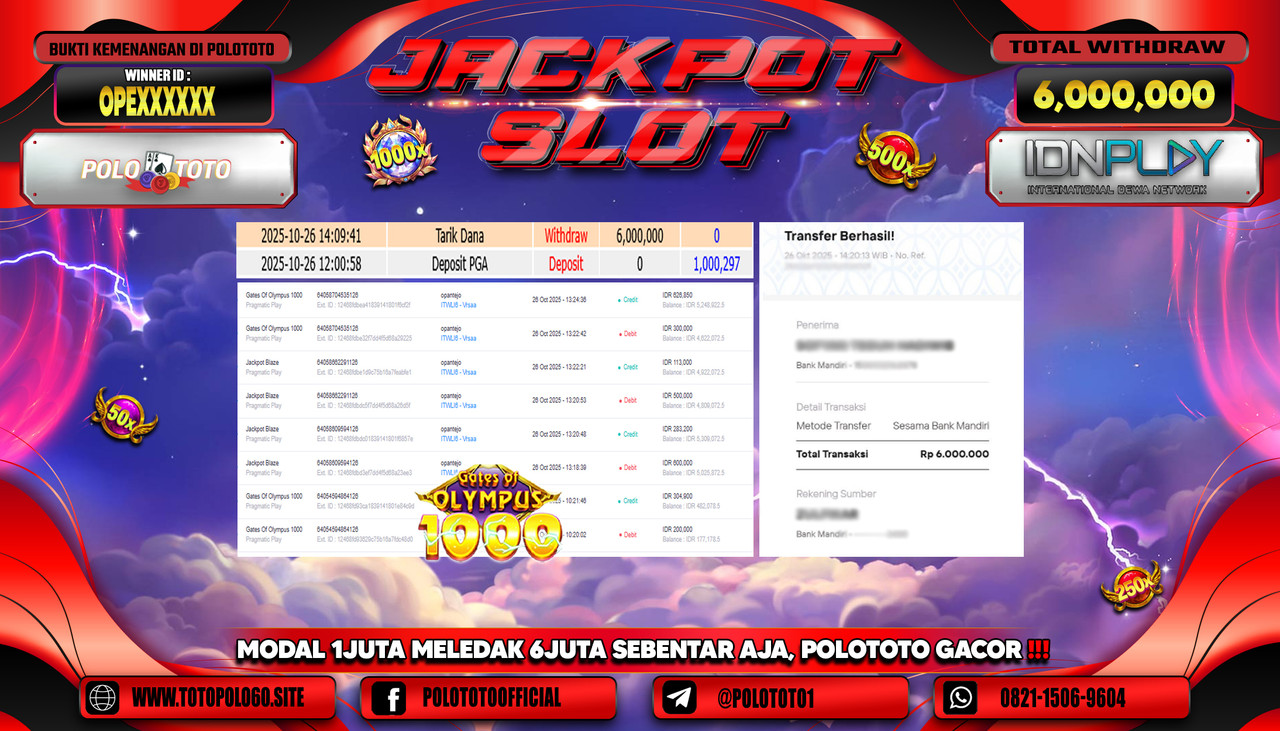 POLOTOTO JACKPOT SLOT GATES OF OLYMPUS 1000 Rp.6.000.000,- LUNAS