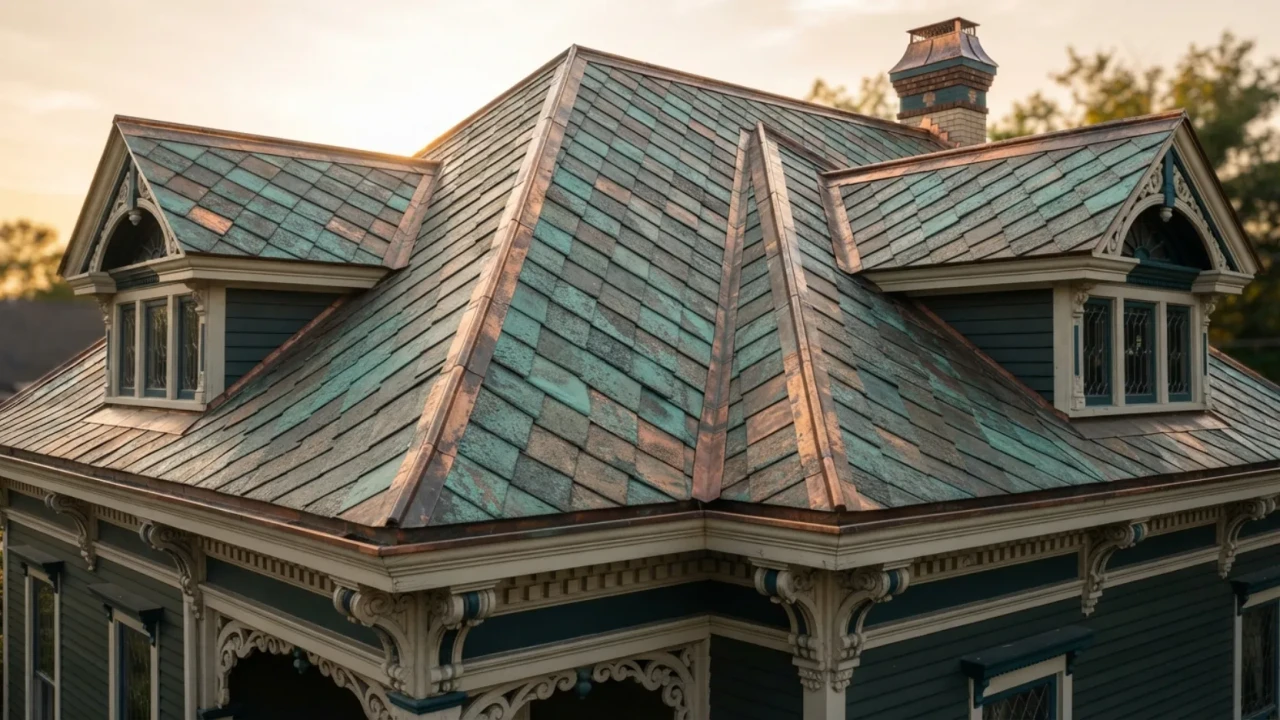 Copper shingle roof on historic style home showing patina and detail