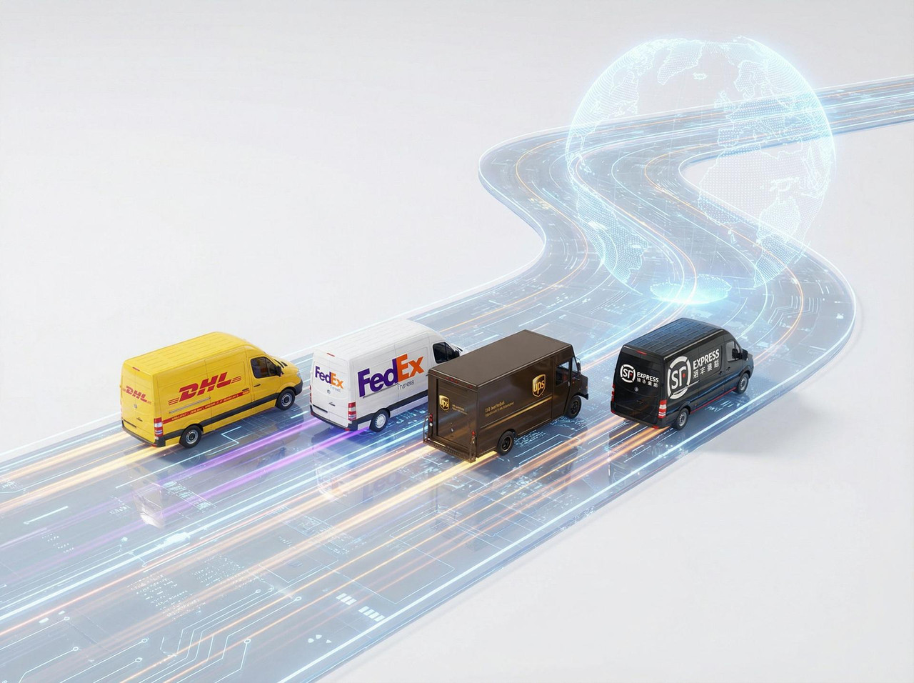 DHL vs FedEx vs UPS delivery vans comparison - major international express courier companies