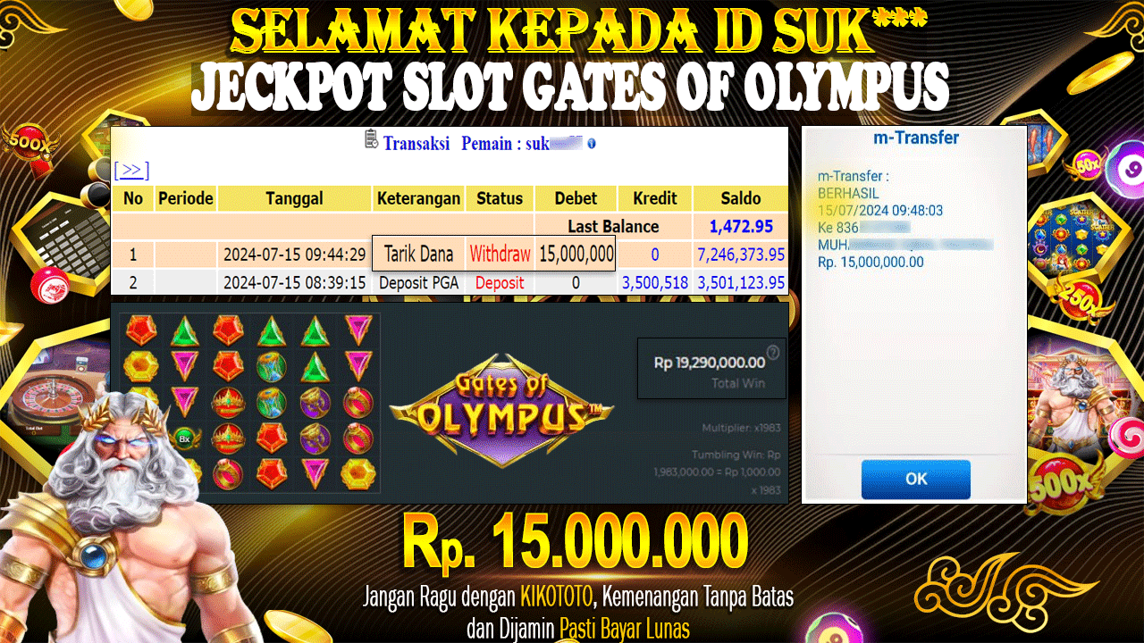 LAGI - LAGI !! MENANG BESAR DI SLOT ONLINE GATE OF OLYMPUS SEBESAR Rp 15,000,000 LANGSUNG DAN TANPA BASA BASI DI BAYAR KIKOTOTO !!!