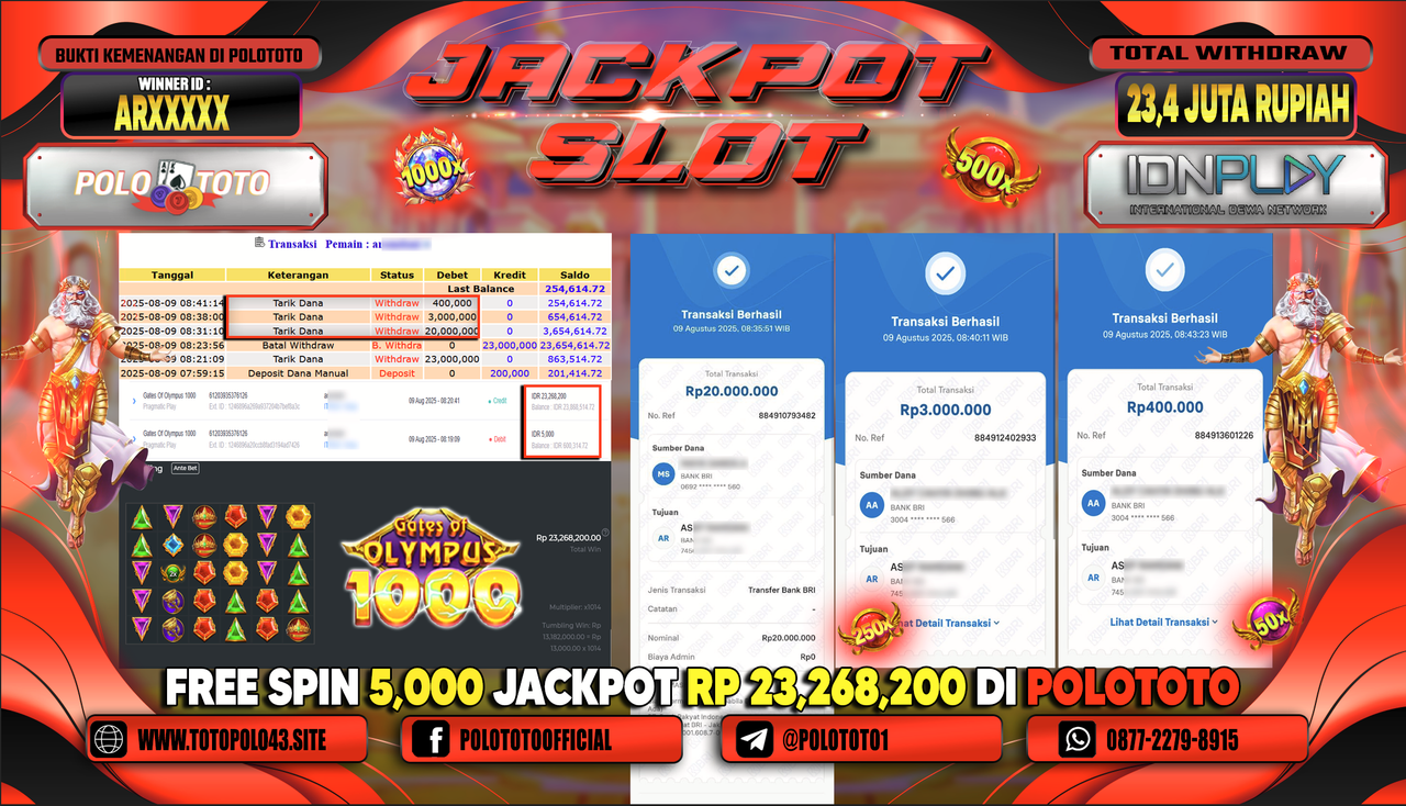 POLOTOTO JACKPOT SLOT GATES OF OLYMPUS 1000 Rp.23.400.000,-LUNAS