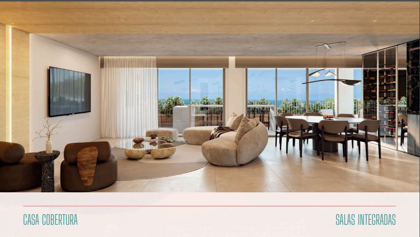 Sala integrada da casa cobertura 291m² do Unique Paiva com design sofisticado