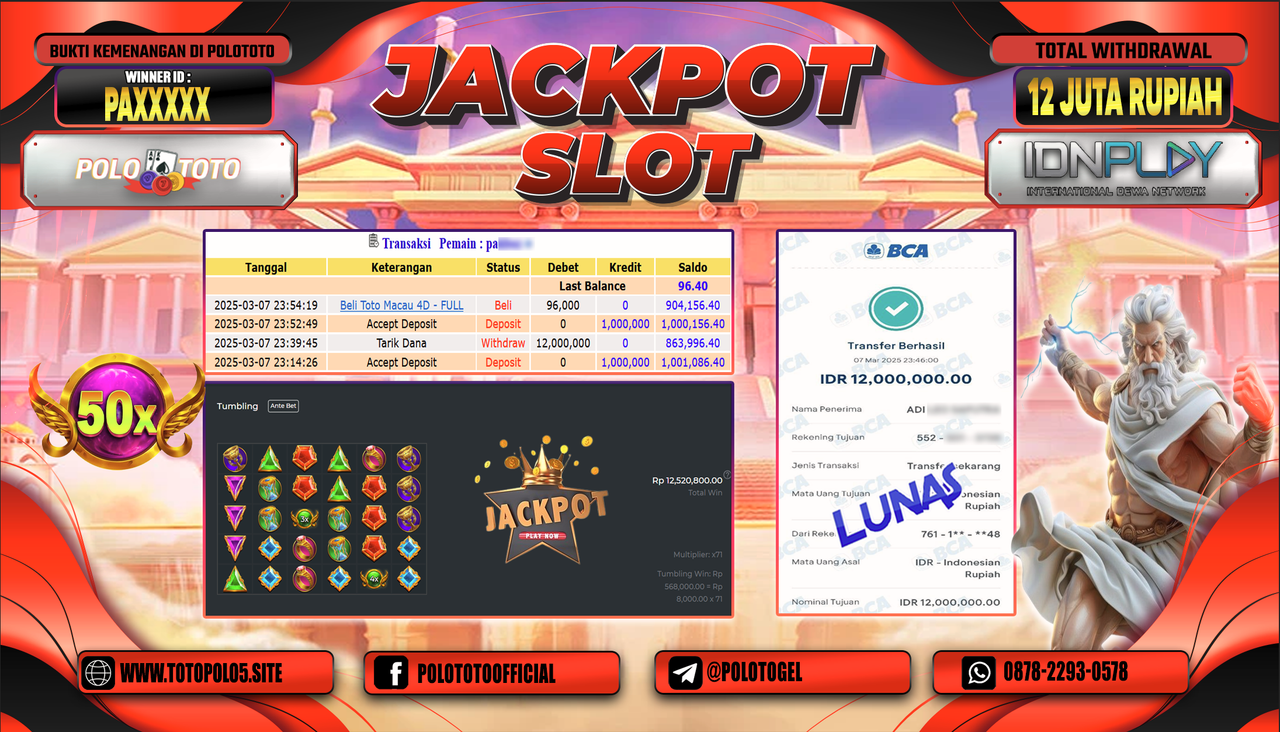 POLOTOTO JACKPOT SLOT GATES OF OLYMPUS 1000 Rp.12.000.000,-