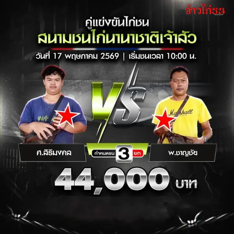 ศ.สิริมงคล vs พ.ชาญชัย โปรแกรมไก่ชน สนามชนไก่นานาชาติเจ้าสัว 17 พฤษภาคม 2569