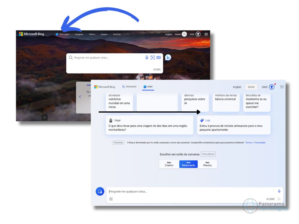 A imagem mostra dois prints da tela inicial do Bing e Bing Chat da Microsoft, um sobrepondo o outro e mostrando o menu de opções de acesso.