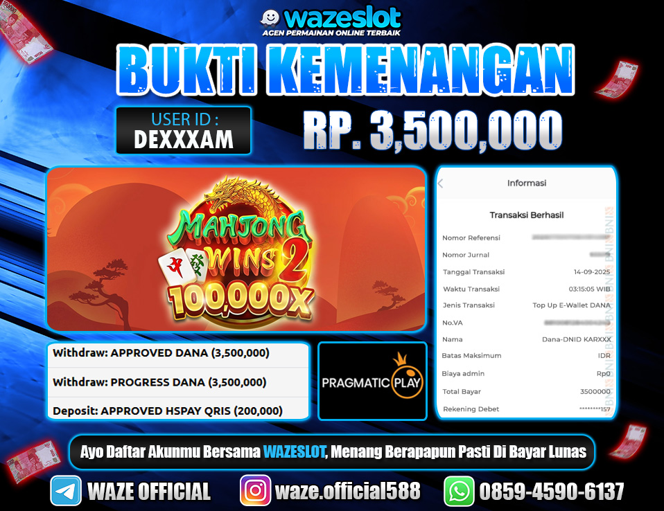 BUKTI KEMENANGAN 14 SEPTEMBER 2025 GAME MAHJONG WINS 2 ( PRAGMATIC PLAY )