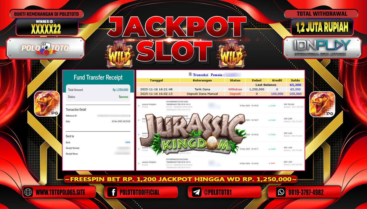 POLOTOTO JACKPOT SLOT JURASSIC KINGDOM Rp.1.200.000,- LUNAS