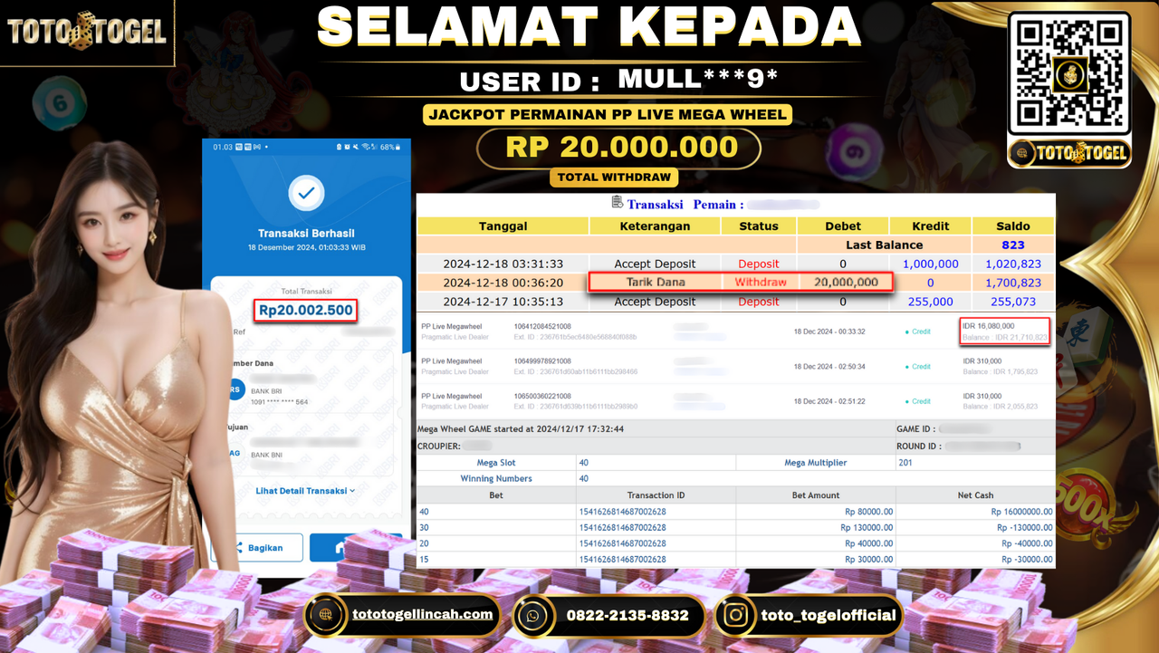 Bukti Pembayaran Jackpot Permainan PP Live Mega Wheel ID: MULL***9* LUNAS
