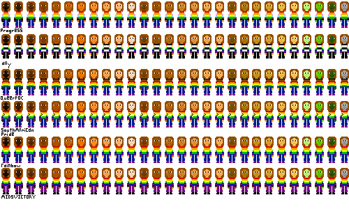 a row of people with pride flag shirts and reddish-brown hair