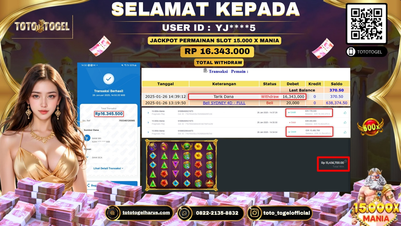 Bukti Pembayaran Jackpot  Permainan Slot 15.000 x Mania  ID:YJ****5  LUNAS