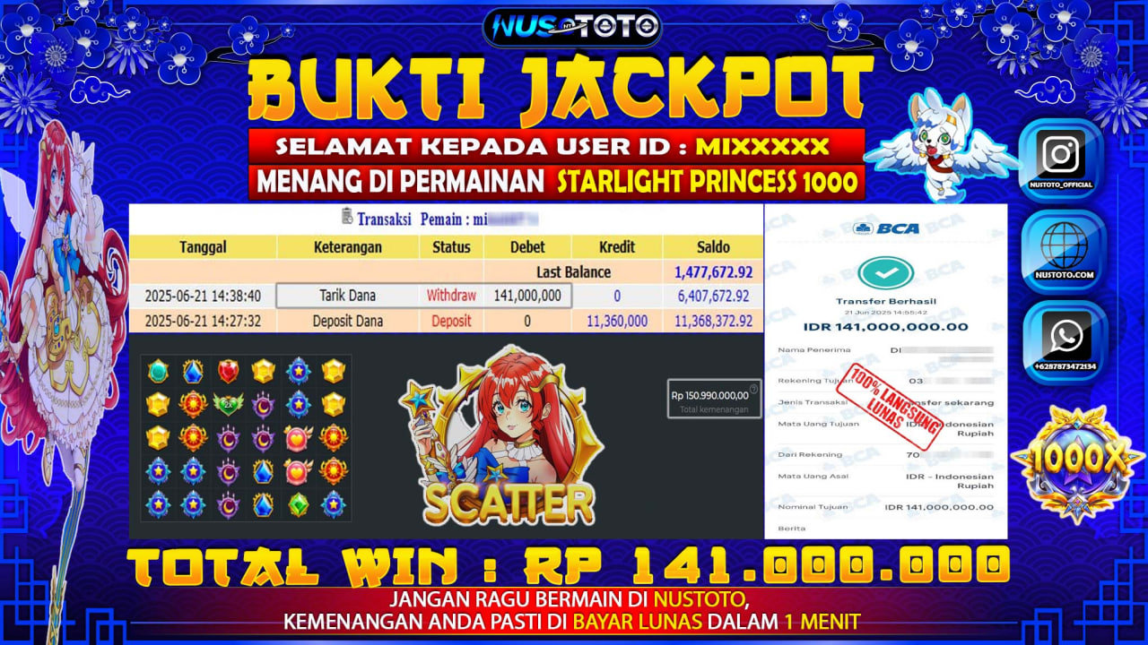 JACKPOT !! MENANG BESAR DI SLOT STARLIGHT PRINCESS 1000 Rp. 141.000.000 LANGSUNG DI BAYAR LUNAS NUSTOTO !!