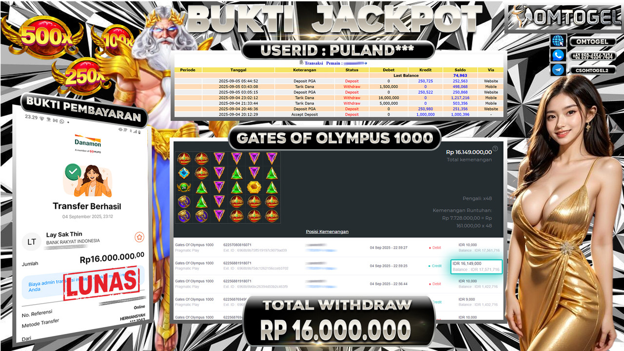 OMTOGEL JACKPOT PRAGMATIC PLAY GATES OF OLYMPUS 1000 16 JUTA DI BAYAR LUNAS ,-