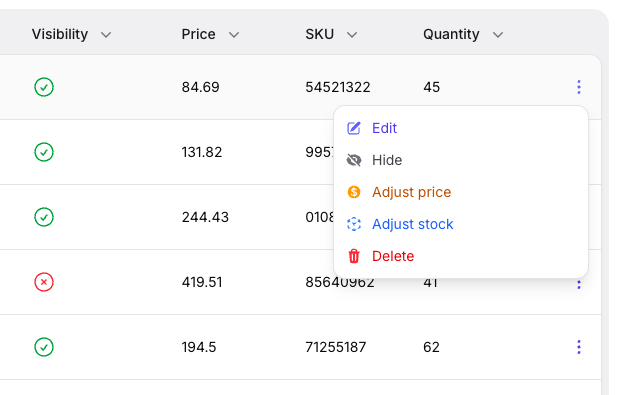 Stature Theme product table row actions in light mode