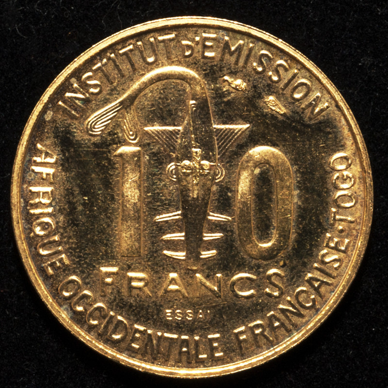 ¡Viaje a los 50! Diez francos. Africa Occidental Francesa - Togo 1957. Prueba. PAS7554