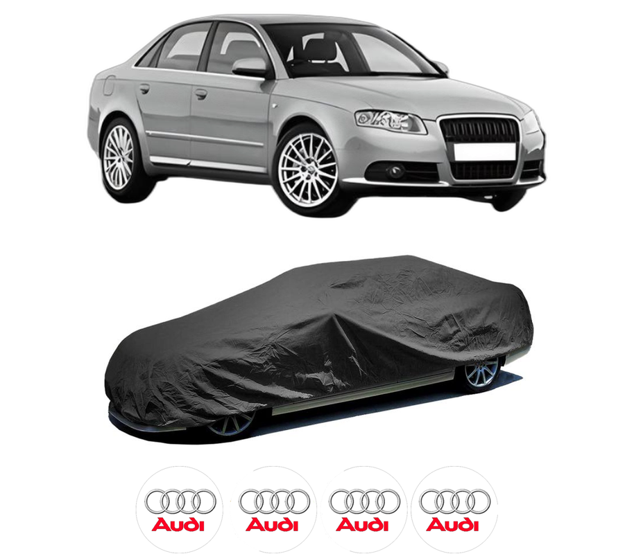 Husa tip prelata auto pentru AUDI A4 B7 (8EC) din 2004-2008, Culoare Negru, material textil impermeabil, rezistanta la intemperii praf UV, CARPASSION Husa Protectie, 4 Stickere auto cu AUDI