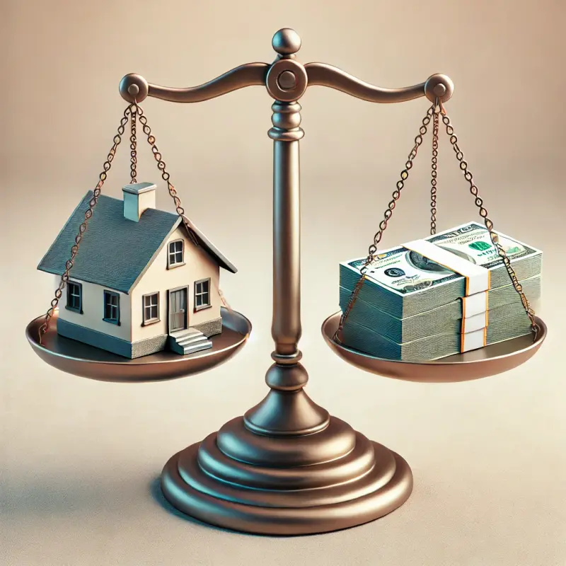 Balanced scale with a house on one side and a stack of money on the other