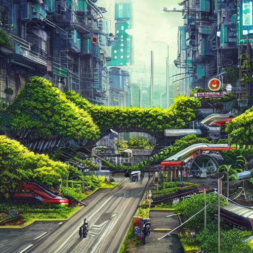 cyberpunk city, green, train, bicycles, plants, nature, studio ghibli, hyperrealism, detailed