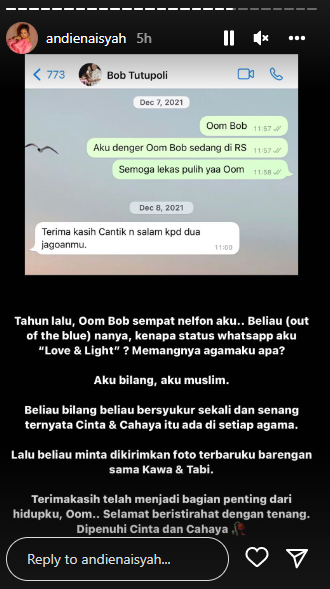 Andien bagikan percakapan terakhir dengan Bob Tutupoly di WhatsApp 